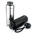 A drink bottle set featuring a shiny silver bottle, a matte black bottle, and a black screw-on lid with a strap.