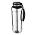 A drink bottle in shiny stainless steel with a black lid and strap, featuring a logo.