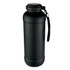 A drink bottle in matte black featuring a screw-top lid and a carrying strap. It has a logo on the side.