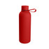 A drink bottle in bright red with a removable cap and carrying loop, featuring a logo.