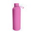 A drink bottle in a vibrant pink colour, featuring a lid and a carrying strap. It has a logo on the surface.