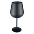 A stainless steel wine glass in matte black, featuring a wide bowl and a slender stem. It has a simple logo.