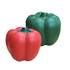 A red and a green stress capsicum, resembling oversized bell peppers, made from soft, flexible material. A red and a green stress capsicum, resembling oversized bell peppers, made from soft, flexible material.