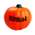 An orange stress pumpkin with a green stem, featuring a playful black text design.