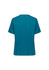 A teal women's scrub top with short sleeves and a V-neck design, featuring side slits and a branding logo.