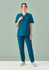 A woman wearing teal women's Pulse Jogger scrub pants and a matching top, with a logo on the top.