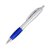 A plastic pen with a silver barrel and blue grip, featuring a clip and a shiny finish.