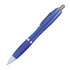 A blue plastic pen with a smooth grip and metal detailing, featuring a logo.