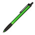 A green stylus pen with a black grip and clip, featuring a logo on its body.