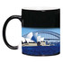 A coffee mug featuring a black exterior and an image of the Sydney Opera House and Harbour Bridge.