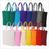 A collection of tote bags in various colours, including green, purple, blue, grey, black, white, pink, yellow, and orange.