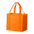 An orange non-woven tote bag with two handles and a square base. It features a logo on one side.