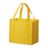 A yellow non-woven tote bag with two handles and a simple, logo on one side.