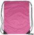 A drawstring bag in bright pink, featuring black corners and black drawstrings.