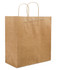 A brown paper bag with two handles, featuring a plain surface and a rectangular shape.