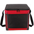 A square cooler bag in red and black, featuring a zippered top and a shoulder strap, with mesh side pockets.