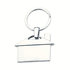 A keyring in the shape of a house, with a shiny silver finish and a circular attachment.