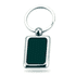 A silver keyring featuring a rectangular green enamel insert. The design is simple and elegant.
