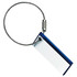 A blue tag with a silver wire loop, featuring a blank white space for labeling or identification.