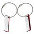 A pair of red and clear rectangular promotional key tags on a metal loop with a branding logo.