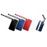 A set of luggage tags in black, red, blue, and white, with various attachments and a logo on some tags.