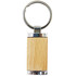 A keyring featuring a wooden rectangular body with shiny silver accents and a metal ring for attachment.