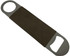 A bottle opener with a grey metal design and a brown fabric grip. Features two openings for easy use.