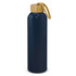 A drink bottle in navy blue with a bamboo lid and a rope handle, featuring a branding logo.