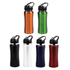 A drink bottle collection featuring black, white, red, orange, green, and blue colours with a black lid and spout.