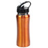 A drink bottle in a shiny copper colour with a black lid and a built-in handle. Features a logo on the side.
