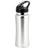 A drink bottle in stainless steel with a black lid and handle, featuring a logo on the body.