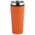 A travel mug in bright orange with a stainless steel lid and a rubber seal, featuring a logo.