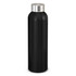 A drink bottle in black aluminium with a silver stainless steel lid, featuring a minimalist design.