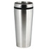 A drink bottle in a sleek stainless steel finish with a black rubber seal and a lid. It features a logo.