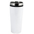 A drink bottle in white with a stainless steel lid and black silicone band, featuring a sleek, modern design.