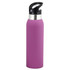 A drink bottle in a vibrant purple colour with a stainless steel top and a black lid. Features a logo.