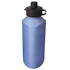 A drink bottle in a cobalt blue hue with a black cap and a handle. It features a logo on the side.