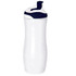 A drink bottle in white with a navy blue lid and spout, featuring a sleek, curved design and a logo.