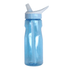 A drink bottle in transparent blue with a white flip-top spout and a branding logo on the side.