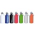 A drink bottle collection featuring white, blue, black, red, green, silver, and orange colours with carabiner clips.