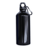 A drink bottle in shiny black metal with a carabiner clip. Features a simple design without visible branding.