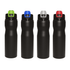 A drink bottle in matte black with spouts in green, blue, grey, and red. Each bottle has a matching cap.