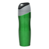 A drink bottle in bright green with a grey lid and a sleek, curved design. Features a logo on the surface.