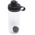 A drink bottle in clear plastic with a black lid and spout, featuring a carrying handle and a round ball inside.