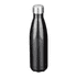 A drink bottle in a sleek, black finish with a silver metallic top and a round base. It features a logo.