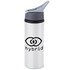 A drink bottle in silver with a grey cap, featuring a logo on the front.