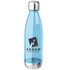 A drink bottle in clear blue with a stainless steel cap and a logo on the front.