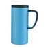 A travel mug in a light blue speckled design with a black handle and lid. It features a logo.