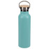 A drink bottle in a teal colour with a stainless steel lid and wooden accent. It features a handle and a smooth finish.