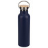 A drink bottle in navy blue with a stainless steel cap and a wooden top. Features a sleek design and a logo.